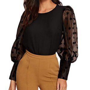 Women's Black Polka Dot Sheer Puff Sleeve Blouse